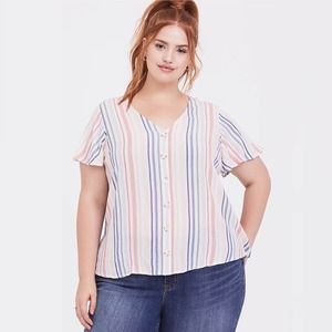 Striped V-Neck Button-Up Top